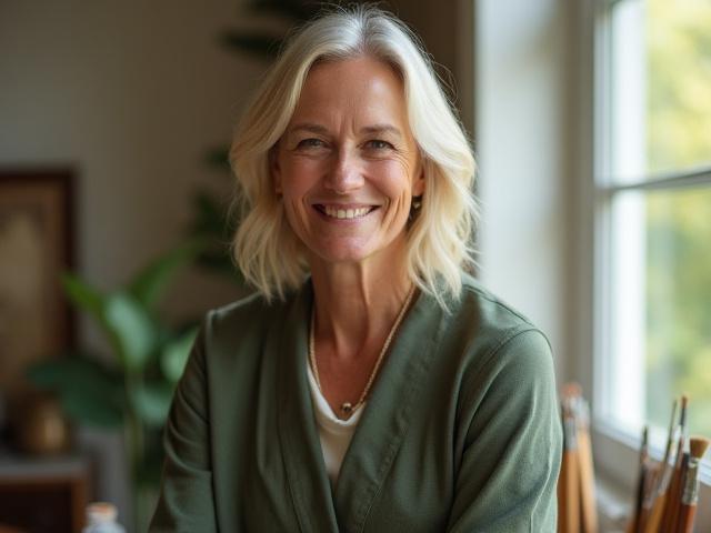 Jane Doe, Founder & Chief Colorist of Veridian Haven, smiling in her studio.