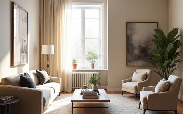 Elegant client consultation area with comfortable seating and material samples at Veridian Haven studio.