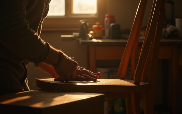 Artisan restoring an antique wooden chair in a sunlit workshop.