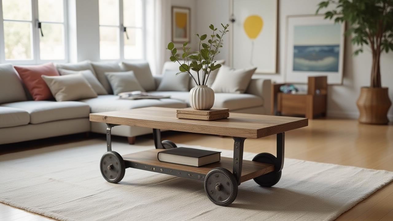 A beautifully repurposed vintage industrial cart now serving as a stylish coffee table in a modern living room