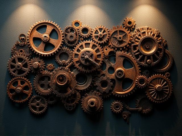 A dramatic wall art piece created from various salvaged industrial gears and cogs.