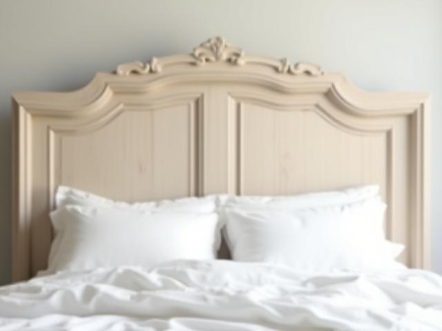 An elegant headboard made from antique wooden doors, painted in soft tones.