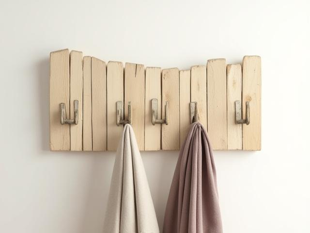 A unique coat rack crafted from antique piano keys mounted on a reclaimed wooden board.