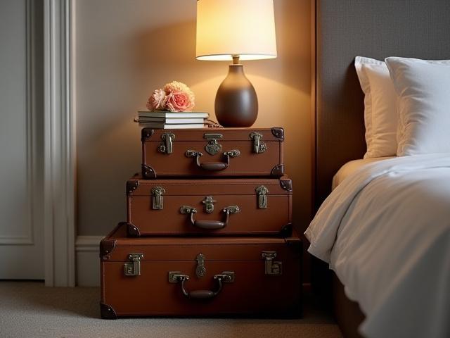 A stack of vintage leather suitcases repurposed as a chic nightstand.