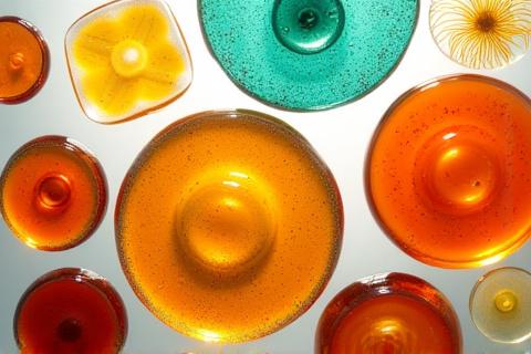 Close-up of vibrant, hand-blown art glass forms