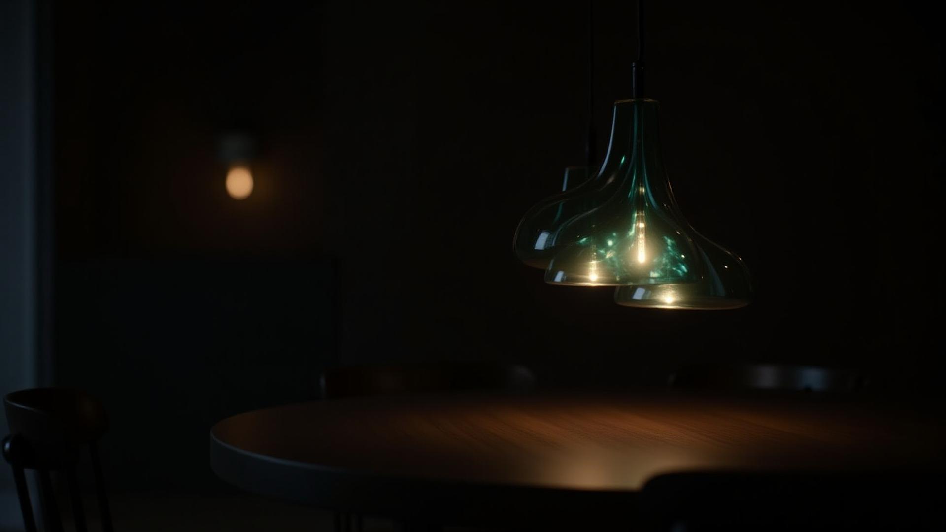 Dramatic close-up of a sculptural pendant light illuminating a dark, sophisticated interior