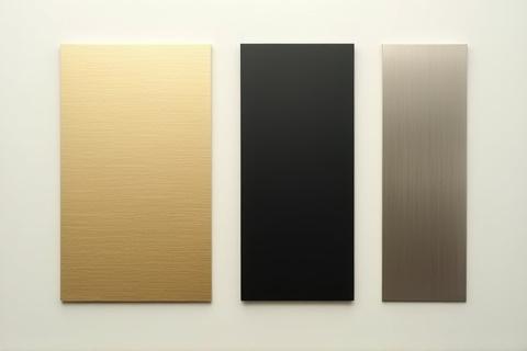 Swatches of various metal finishes: brushed brass, matte black, polished nickel