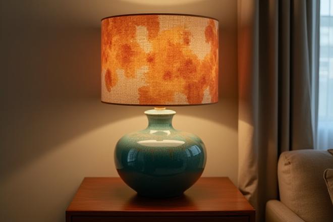 Custom-designed table lamp with a unique textile shade and colorful base