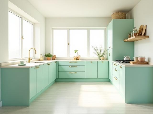Bright, airy kitchen with subtle seafoam green cabinets, natural light, and modern appliances.