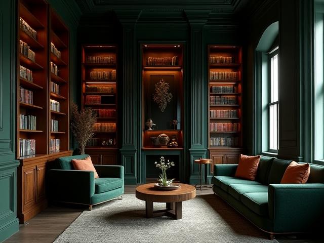 Elegant dark-hued library with rich wood paneling, featuring bespoke shelving and comfortable seating.