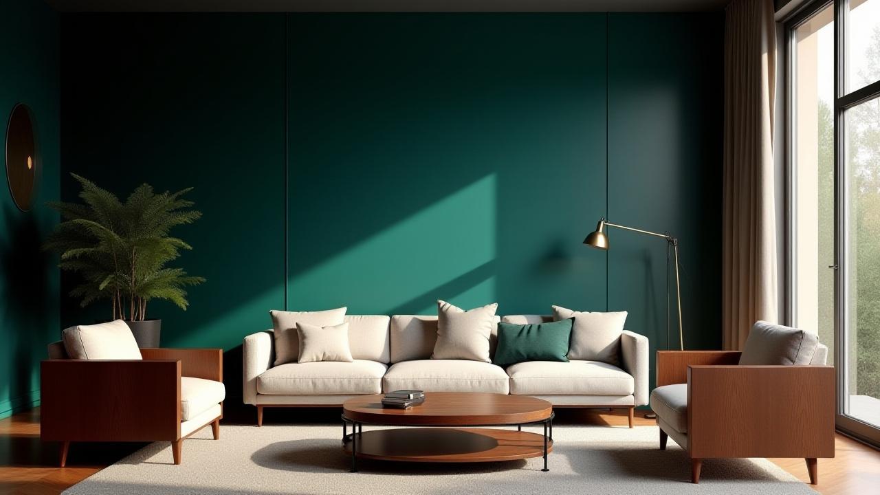 Beautifully lit interior with a striking, perfectly executed deep teal accent wall and elegant furniture.