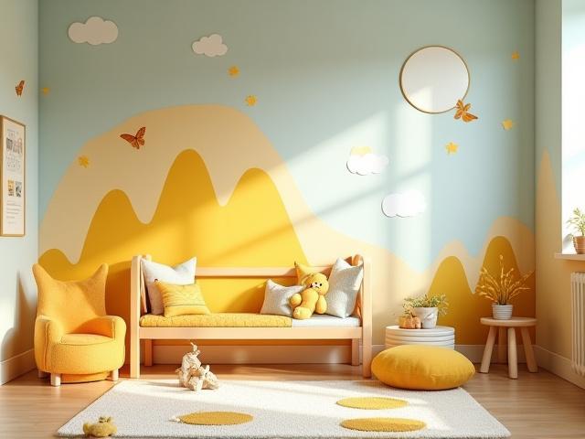 A cheerful child's room with a sophisticated pale yellow and light blue color scheme, whimsical decor, and custom wall art.