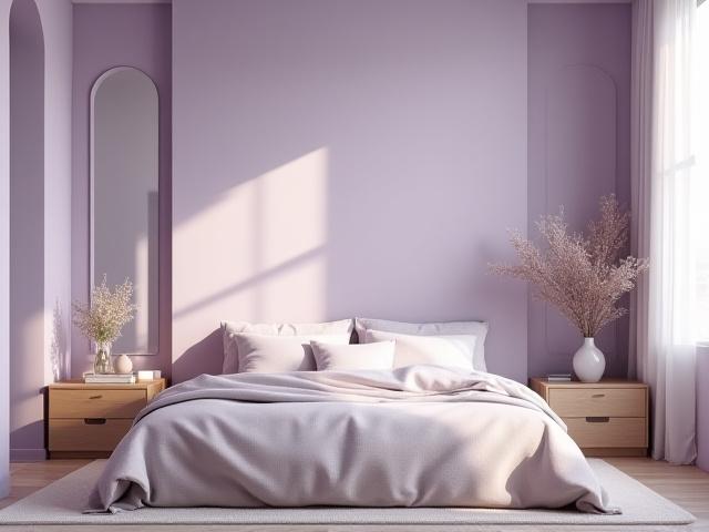Serene bedroom with muted lavender walls, natural wood furniture, and soft, luxurious textiles.