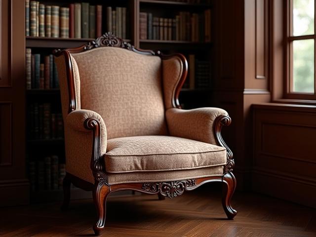 A classic armchair with its ornate wooden frame meticulously restored to a rich dark wood, and new cushions upholstered in a custom, pigment-inspired woven fabric.