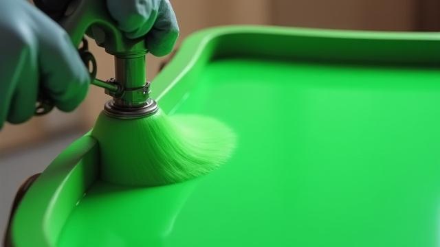 A painter's gloved hand expertly applying a vibrant, custom green lacquer to a furniture piece with a smooth, even stroke, showing fine detail and rich color.