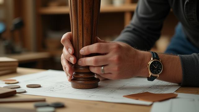 An expert's hands gently examining the joinery of an antique wooden table, with blueprints and swatches laid out next to it, symbolizing assessment and planning.