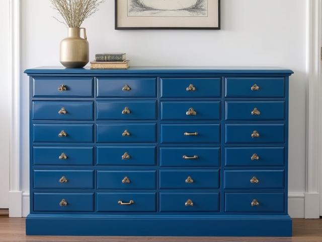 An antique library card catalog expertly repurposed into a stylish entryway console, featuring a high-gloss indigo finish and restored brass hardware.