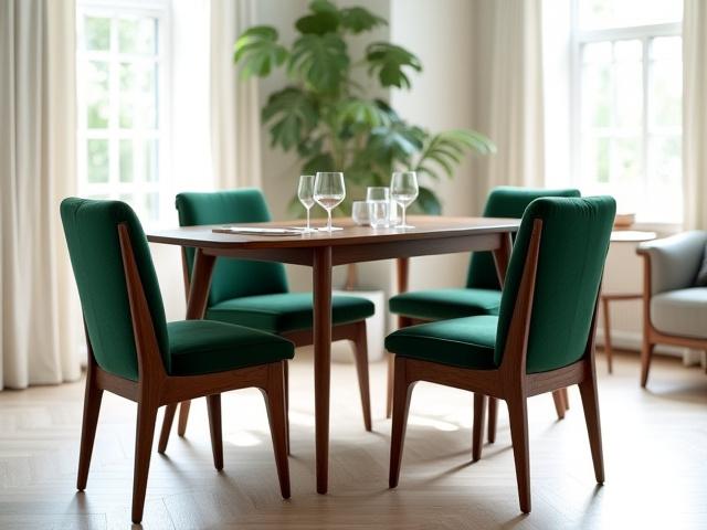 A set of four mid-century dining chairs, recently reupholstered in a rich emerald green velvet and refinished with a dark walnut stain.