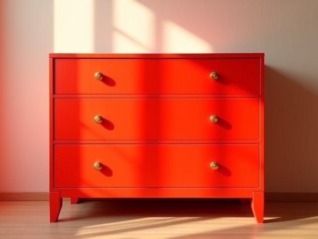 A vintage wooden dresser transformed with a vibrant, high-gloss coral lacquer finish and modern minimalist gold pulls, placed in a contemporary bedroom.