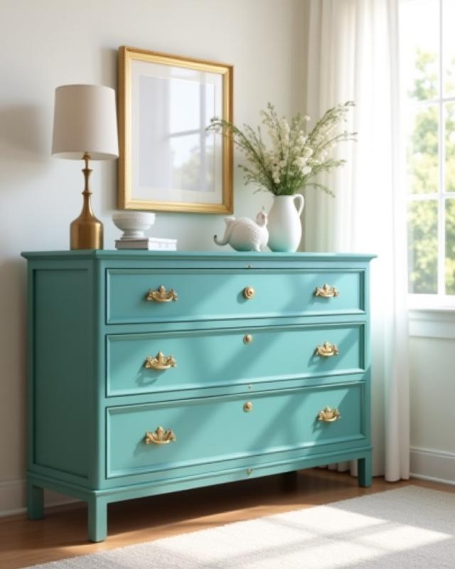 After restoration: the same dresser beautifully revived, painted in a bold, custom teal, with brass hardware, in a modern living space
