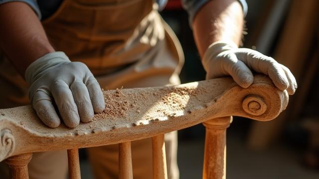 Close-up of a skilled artisan carefully stripping old varnish from a detailed wooden leg of a chair in a sunlit workshop, revealing the raw wood beneath.