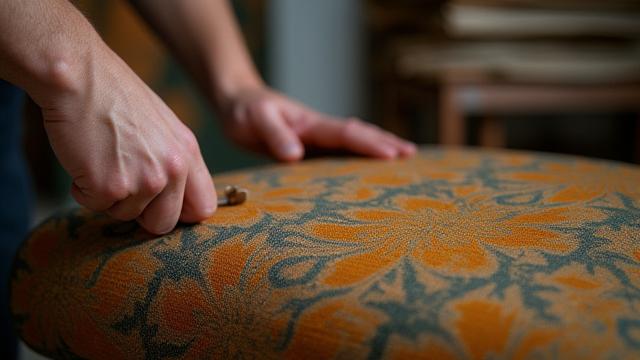 Close-up view of an upholsterer's hands expertly stretching and tacking a rich, textured fabric onto an armchair frame, surrounded by various textile swatches.