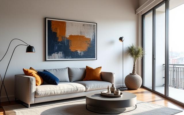 Modern loft living room with bold, pigment-inspired textile throw pillows and rugs