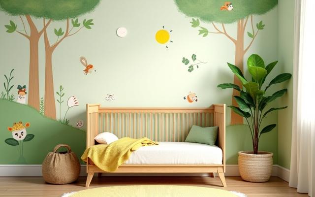 Brightly colored and playful nursery with custom mural and child-safe decor