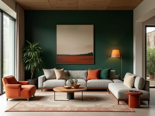 Stylishly arranged living room interior with cohesive color palette