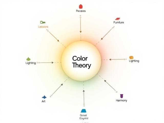 Infographic: Color Theory is central, with arrows pointing to interconnected elements like Paint, Textiles, Furniture, Art, and Lighting.