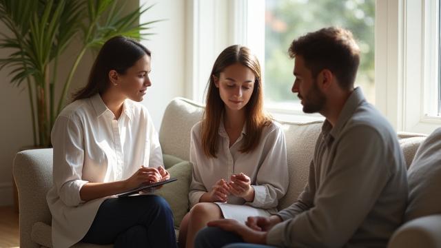 Design consultant actively listening to a client in a bright, stylish room, taking notes.