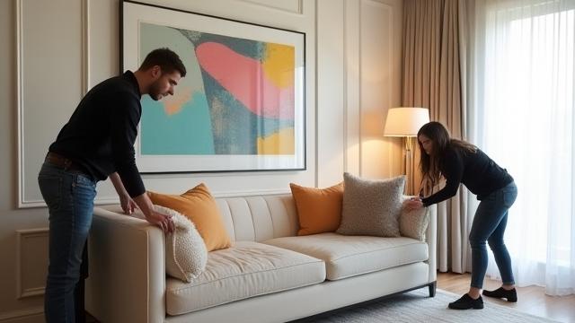 Design team carefully placing decorative elements and art in a newly designed elegant living room.