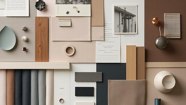 Close-up of a meticulously arranged mood board with fabric swatches, paint chips, and small design elements.