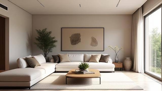 Digital 3D rendering of a modern living room interior, showing furniture placement and color scheme.