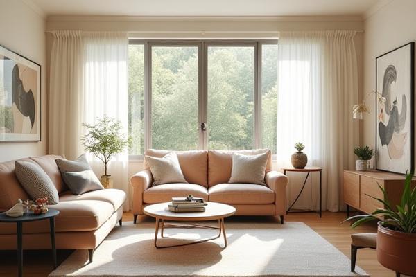 Bright and airy suburban family living room designed for comfort and durability.