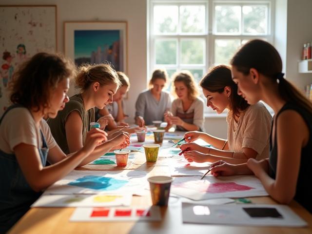 Group of students actively engaged in a creative color theory workshop, mixing paints and discussing concepts.