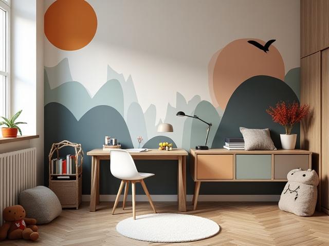 A 'big kid' room featuring a cool, graphic wall mural, a small, functional desk, and age-appropriate decor.