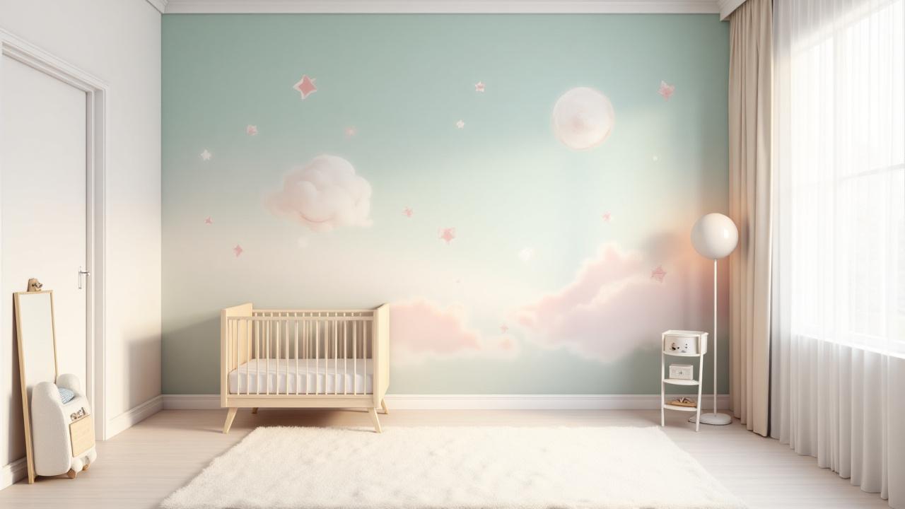 A beautifully designed, modern nursery with a captivating, artistic wall mural featuring subtle animated elements like twinkling stars.