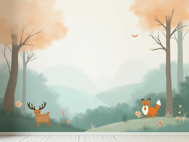 A vibrant children's room wall featuring a hand-painted mural of a whimsical forest scene with soft, ethereal animals.