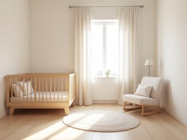 A serene and modern nursery designed with a minimalist aesthetic and a soft, muted color palette.