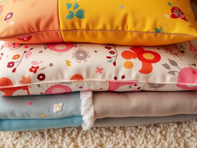 Close-up of a stack of colorful, patterned children's textiles including pillows, blankets, and a rug sample.
