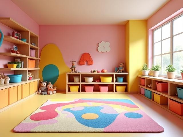 A vibrant, shared playroom featuring smart storage solutions, a colorful abstract rug, and playful accents.