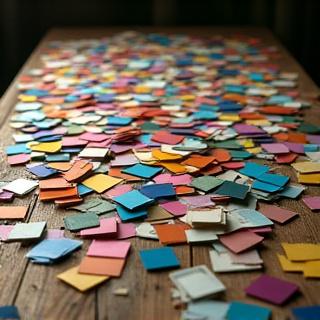 Disordered pile of paint swatches and color chips on a table.