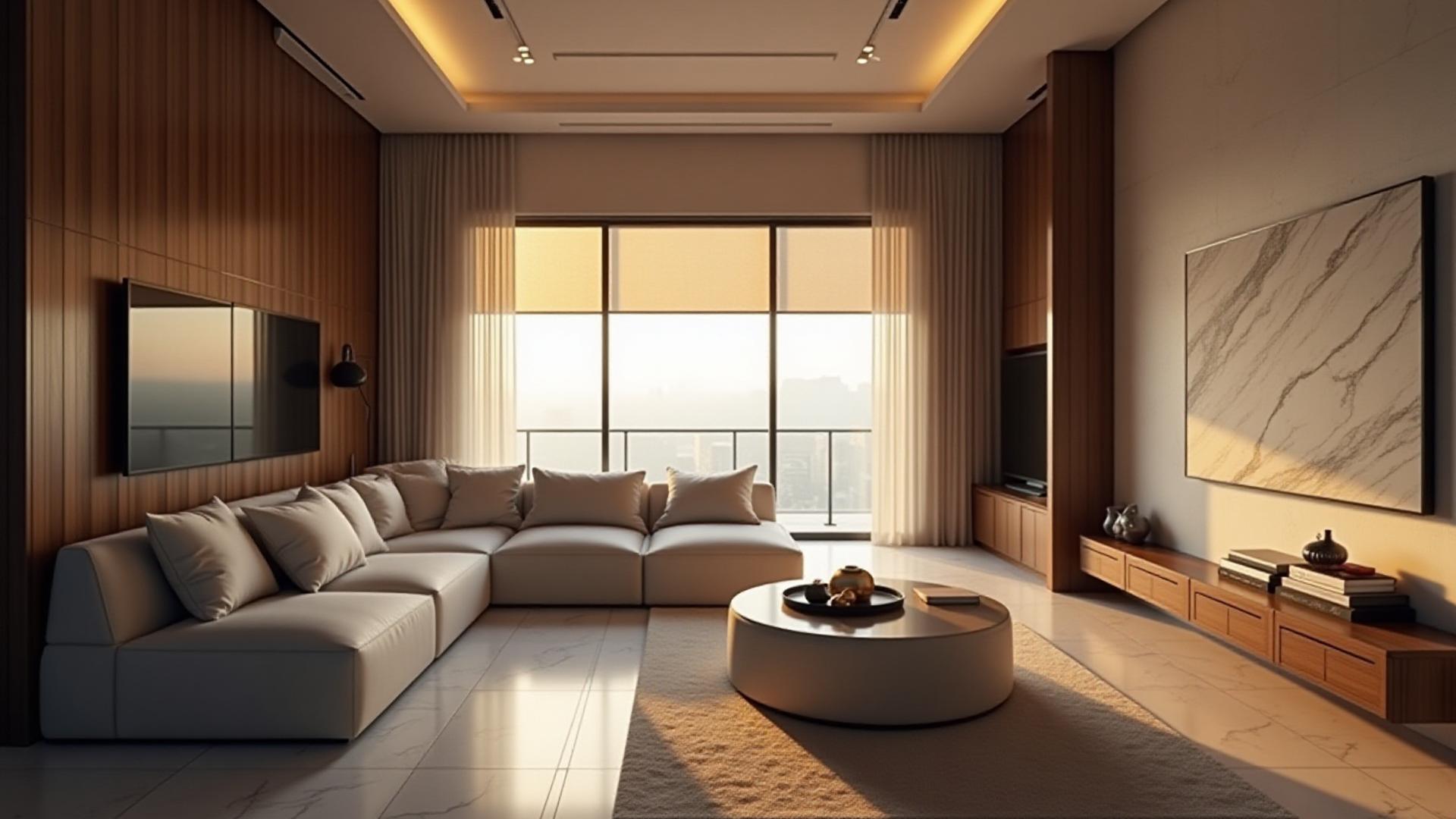 Very clean, modern interior with subtle integrated technology, sleek wall-mounted tablet controlling hidden smart lighting, motorized shades slowly lowering with a soft, diffused light.