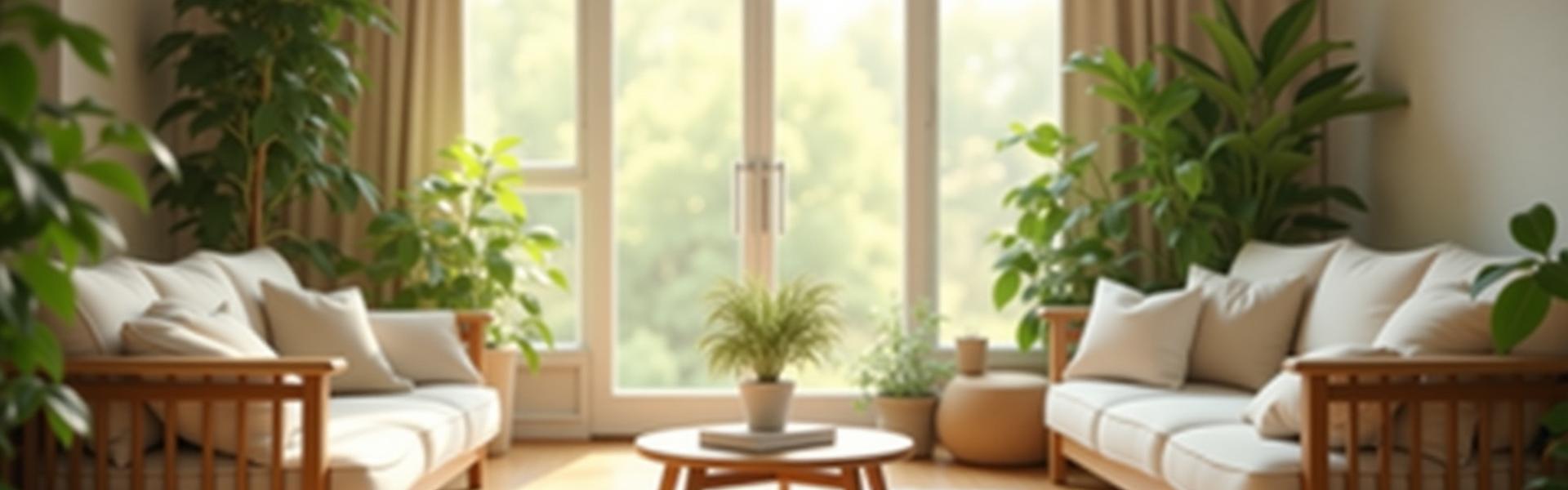 Serene, plant-filled room with soft natural light, warm wooden tones, and comfortable textiles