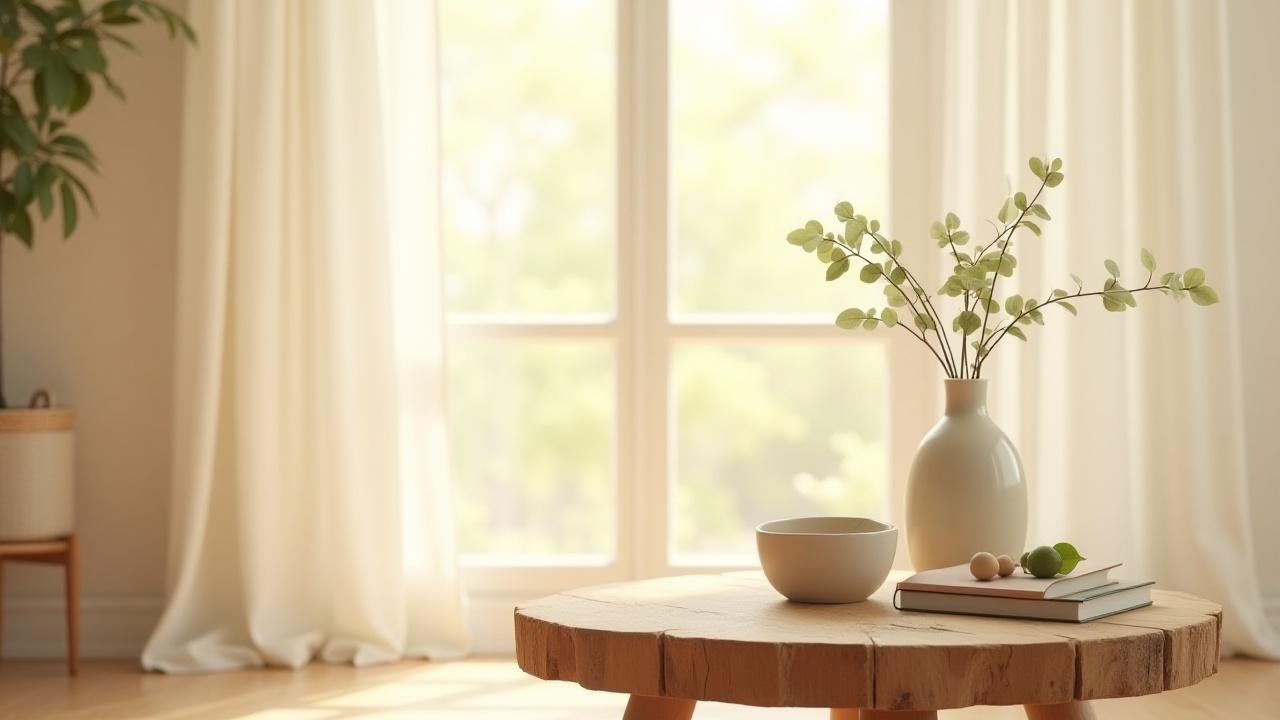 Sunlit room featuring linen drapery, a reclaimed wood table with a ceramic vase, and live green plants