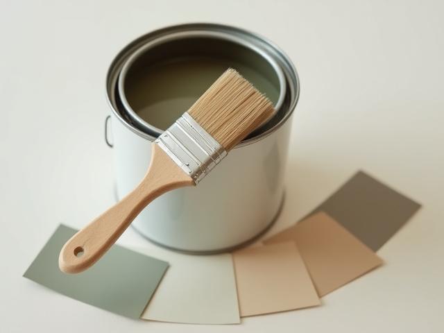 An open can of low-VOC paint with a paintbrush, alongside color swatches in muted, earthy tones