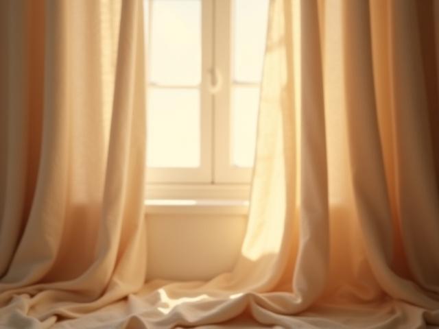 Soft, flowing organic linen drapery in a natural, earthy tone hanging in a sunlit room