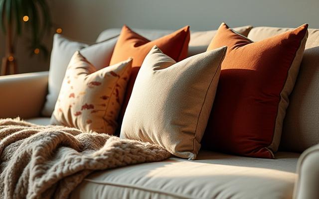 A collection of stylish accent pillows and throws on a luxurious sofa.