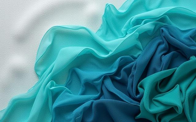 Fabric swatches from 'The Aqueous Series' with deep veridians, soft teals, and inky indigos.